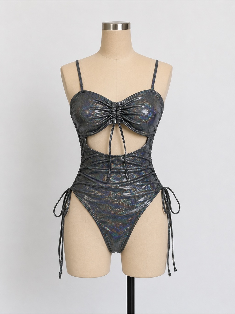 NWOT MakeMeChic Metallic Glitter Cut Out Drawstring One Piece Swimsuit